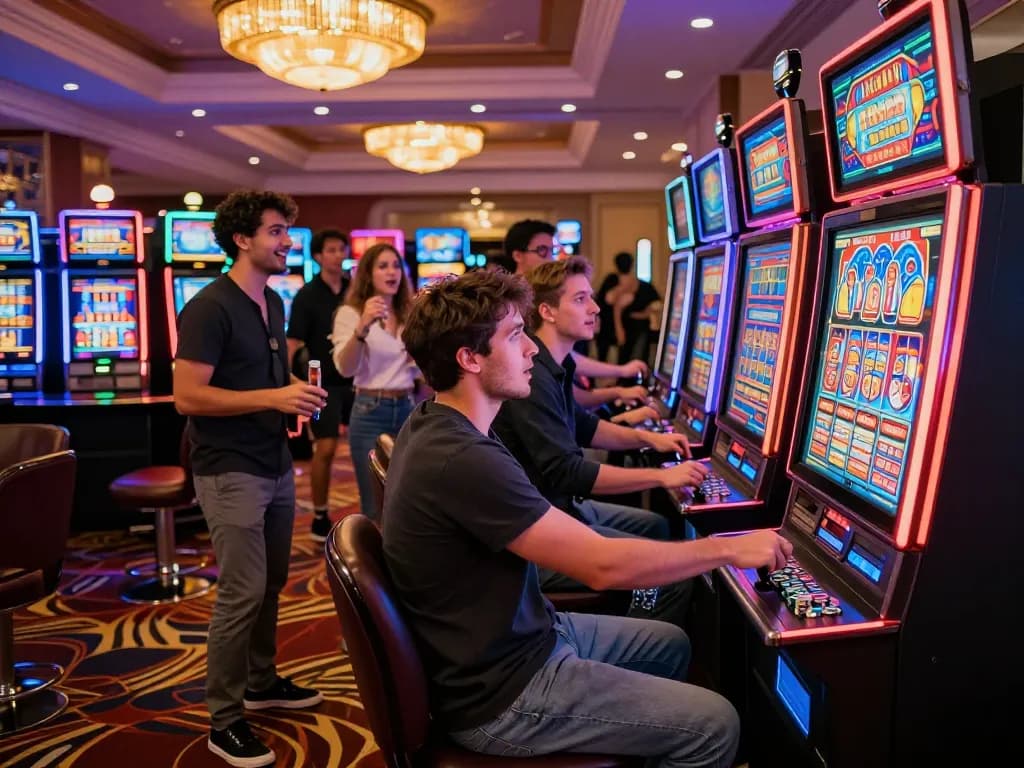 Teman-teman menikmati mesin slot link di kasino yang meriah, menangkap kegembiraan