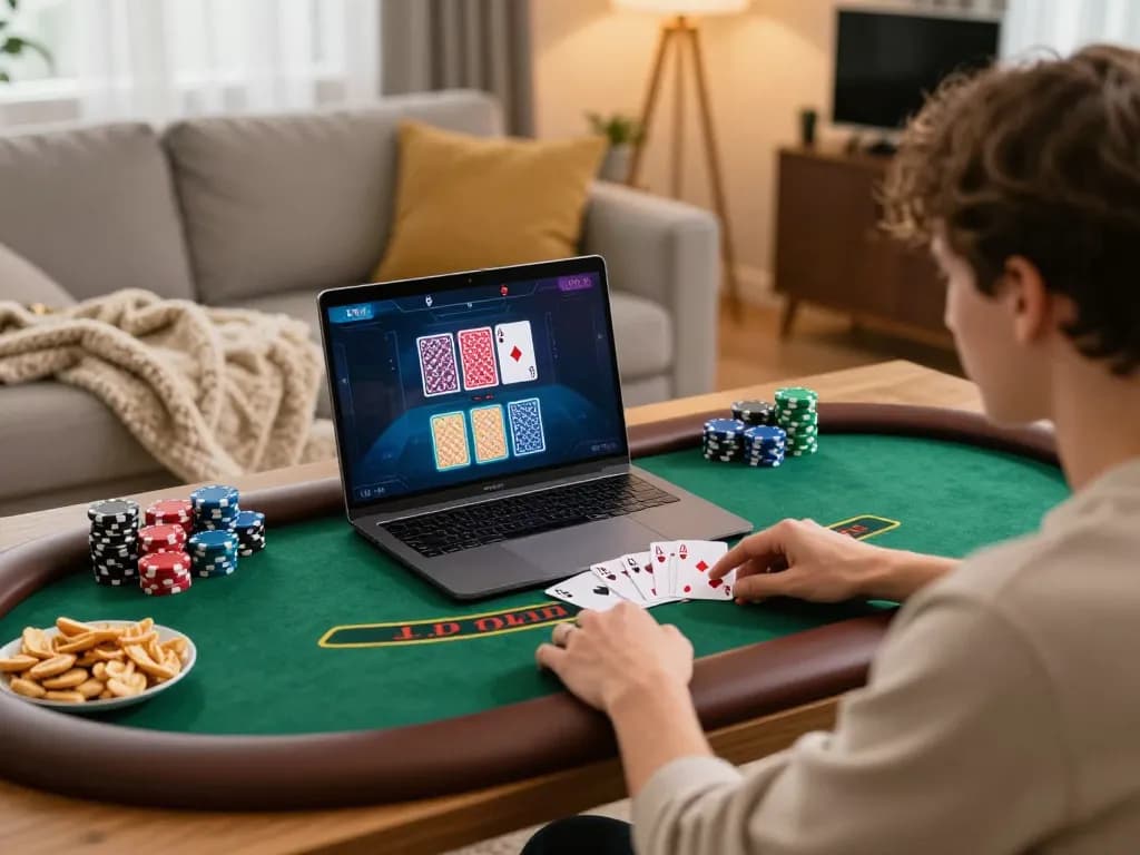 Win678 player enjoying live blackjack game on laptop at home, showcasing engaging online gambling experience.