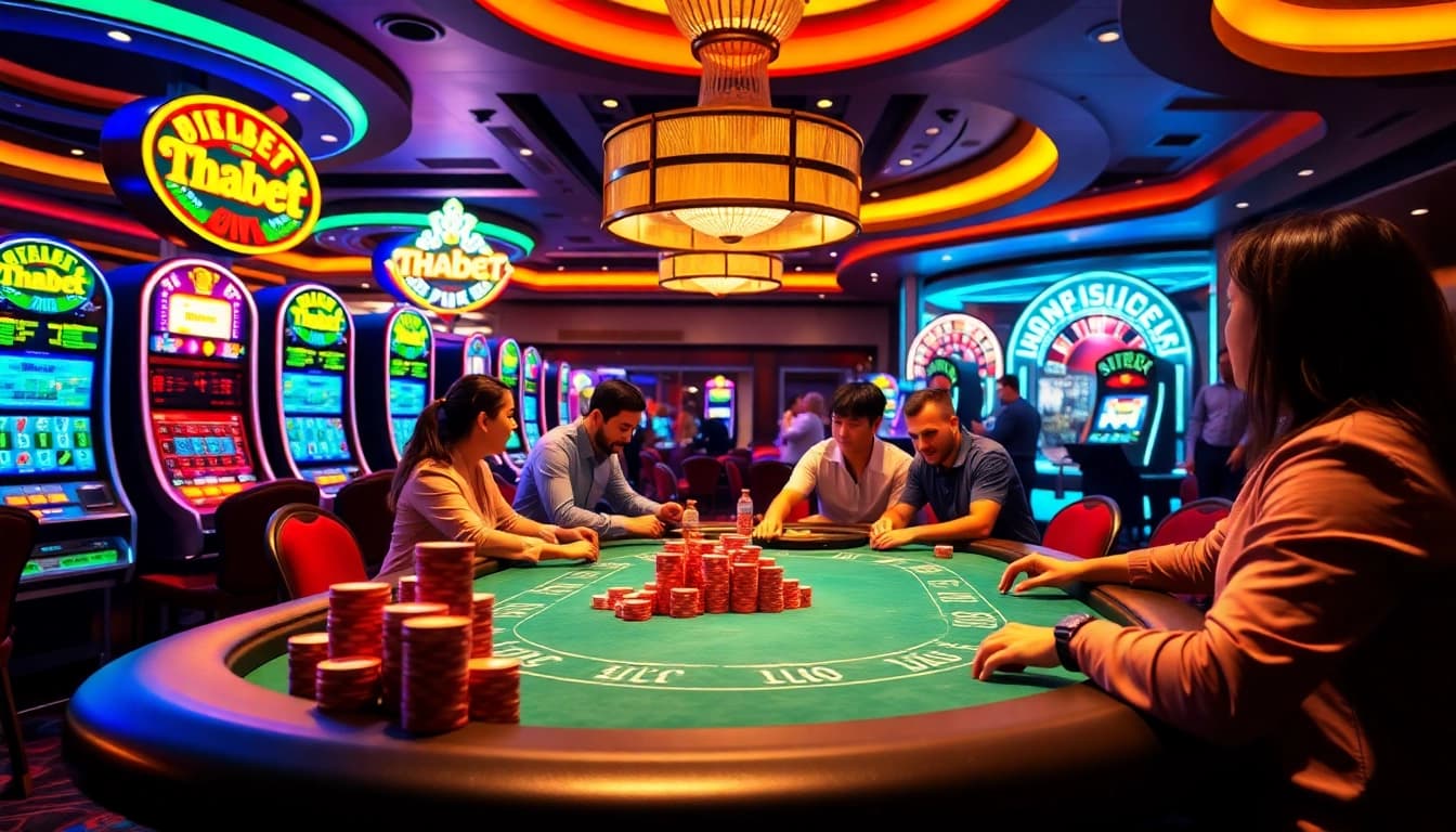 THABET casino scene with poker chips and players engaged in thrilling game action.