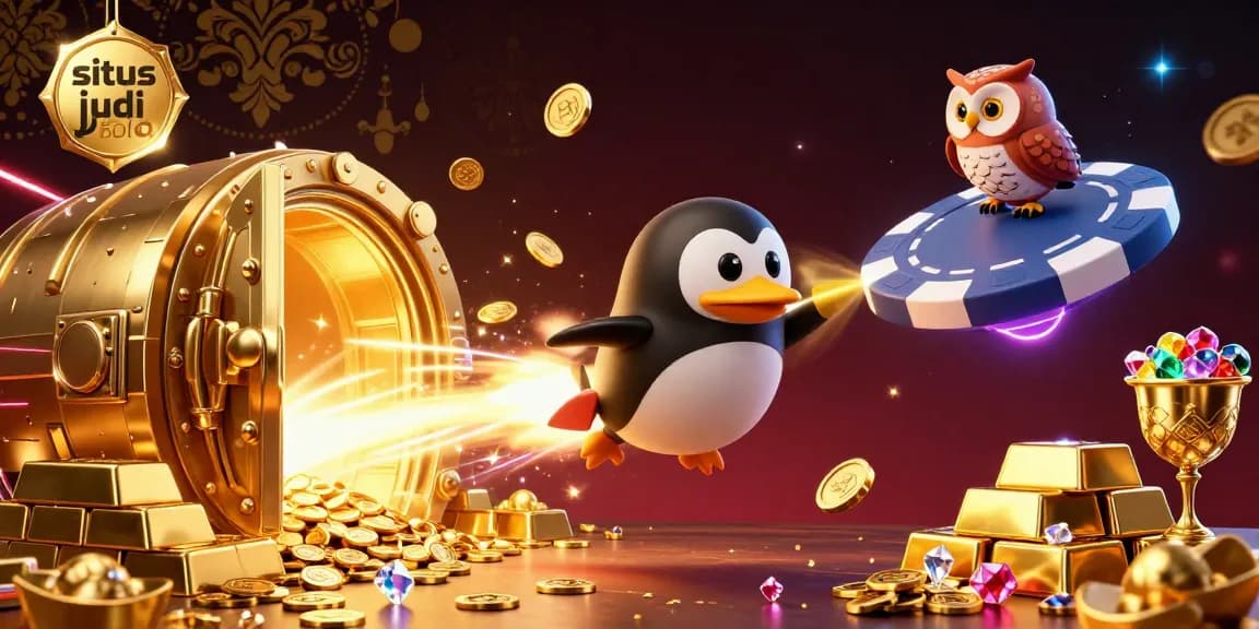 Experience excitement in situs judi bola with golden penguin racing to a dazzling casino chip station.