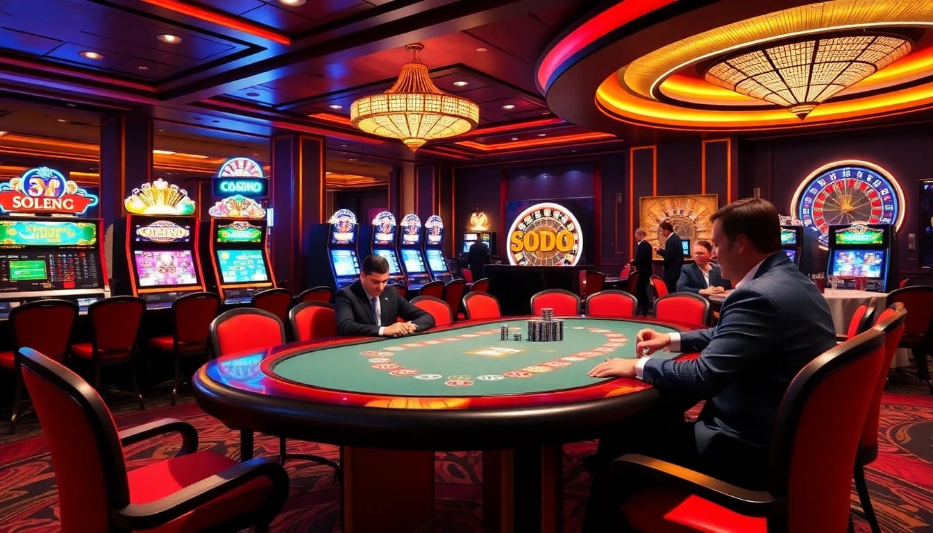 Experience the thrill of gaming at SODO Casino with vibrant tables and colorful slot machines.