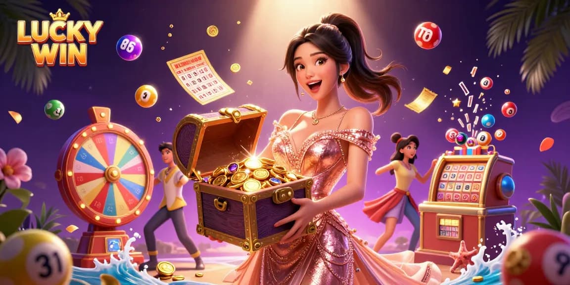 Engage in the excitement with LUCKY WIN; treasure-filled chest and joyful character surrounded by colorful lottery elements.
