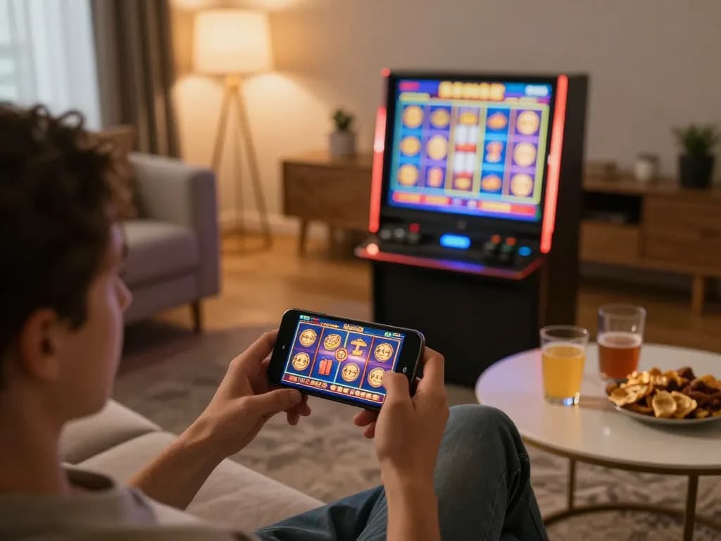 Engaging in thrilling slot games on go89 app from smartphone in a cozy living room