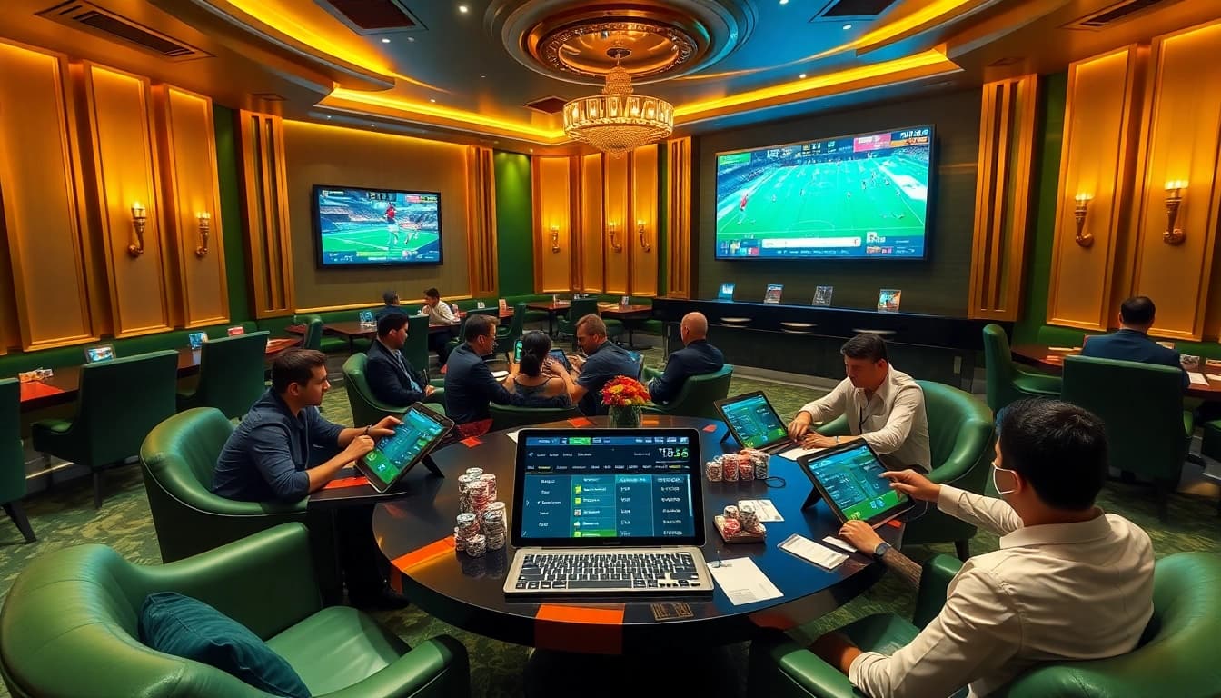 Exciting Taruhan Bola action in a luxurious sports betting lounge with live match displays.