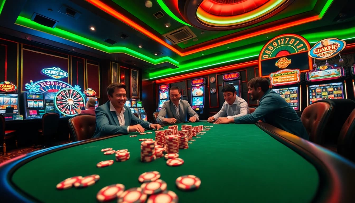 BDTK1 players competing at a poker table in a vibrant casino atmosphere with slot machines and roulette wheel.