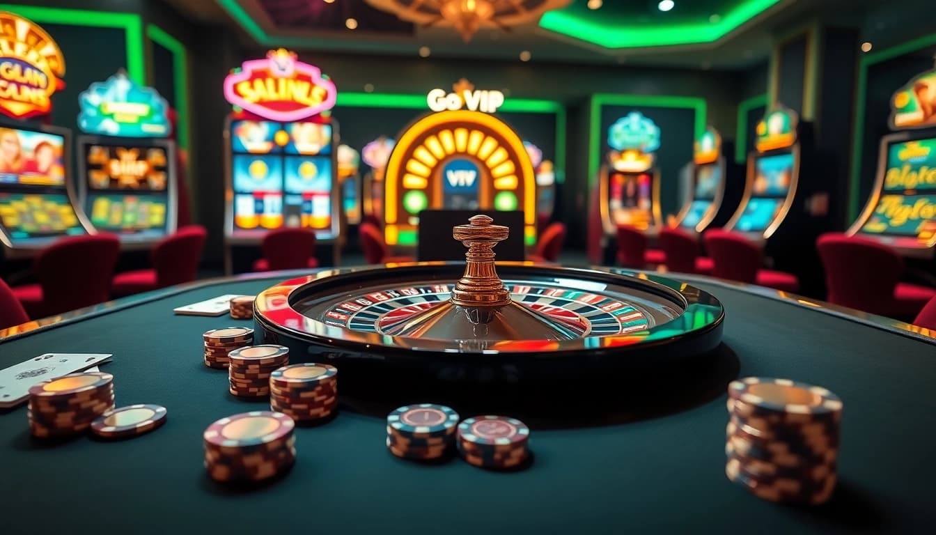 Experience the thrill of Go88 VIP with a luxurious casino gaming table, vibrant lights, and dynamic slot machines.
