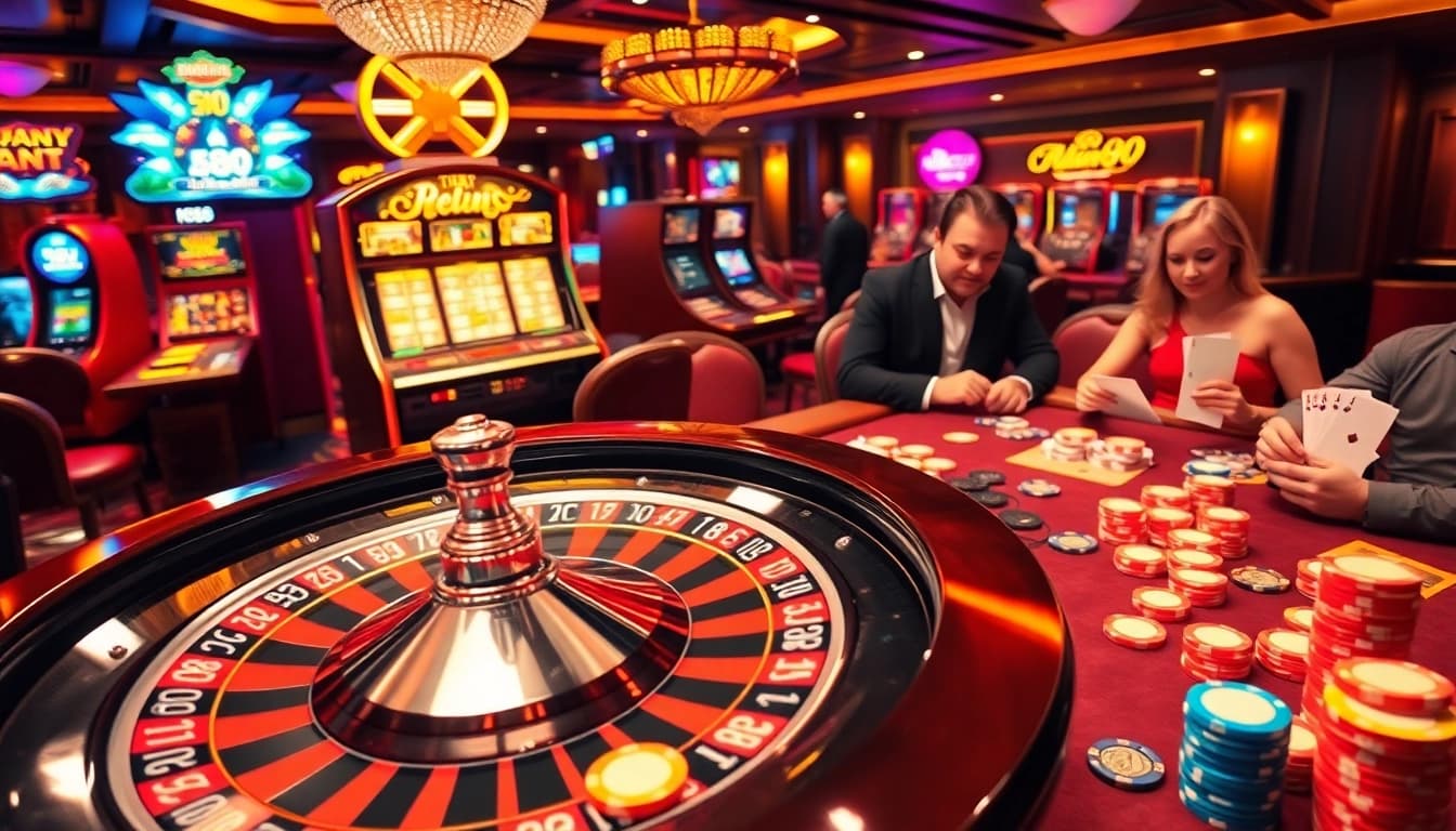 K88 roulette wheel spinning amidst colorful chips in an elegant casino setting.