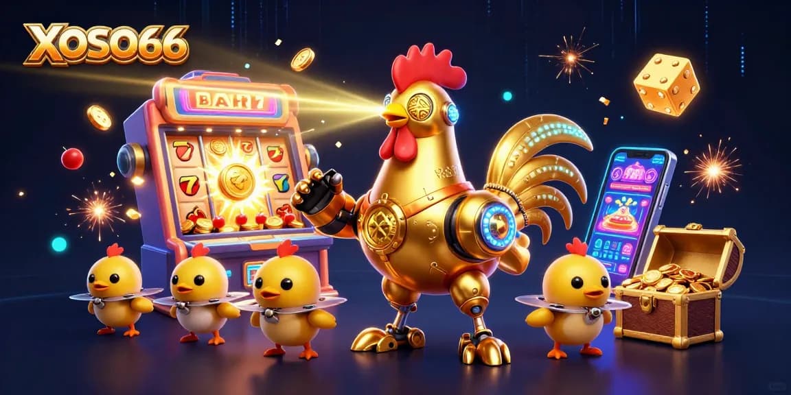 XOSO66 slot machine scene with golden rooster robot and exploding jackpot celebrating casino wins.