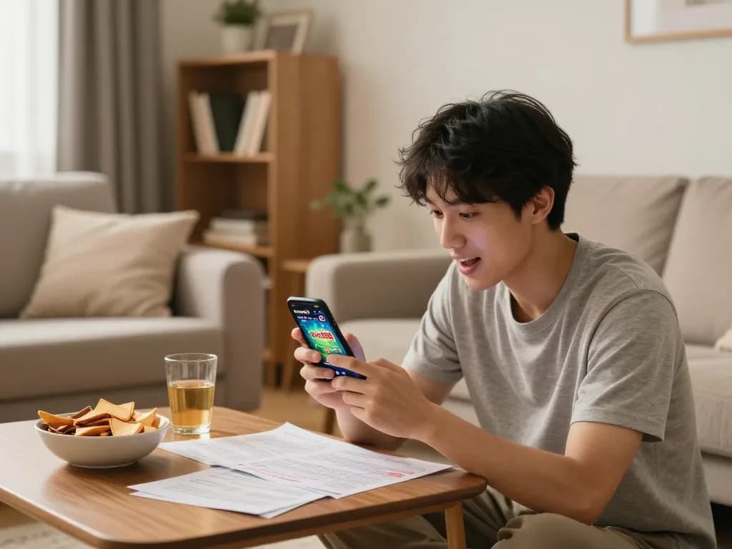 Engaged player enjoying mega888 on mobile in a cozy home setting with snacks and strategy notes.