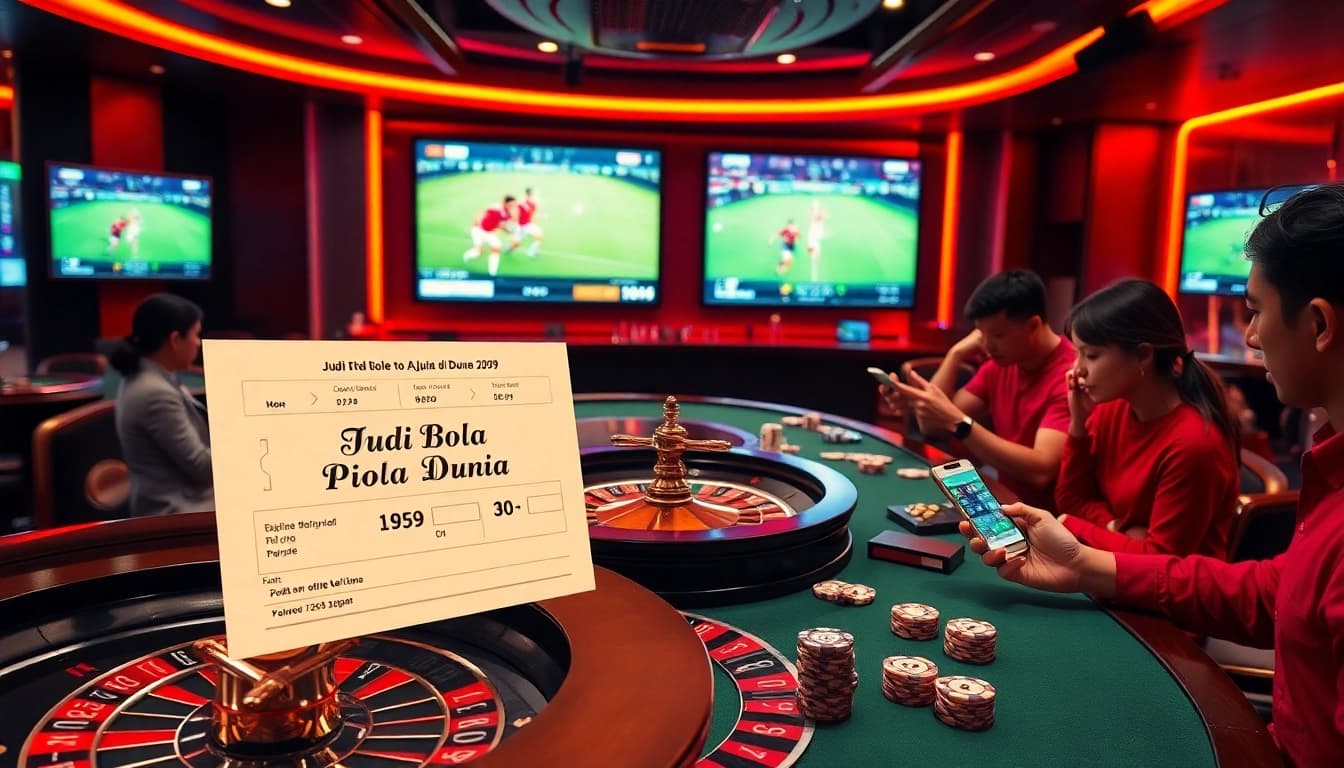 Betting on Judi Bola Piala Dunia 2029 in a luxurious casino setting with illuminated screens.