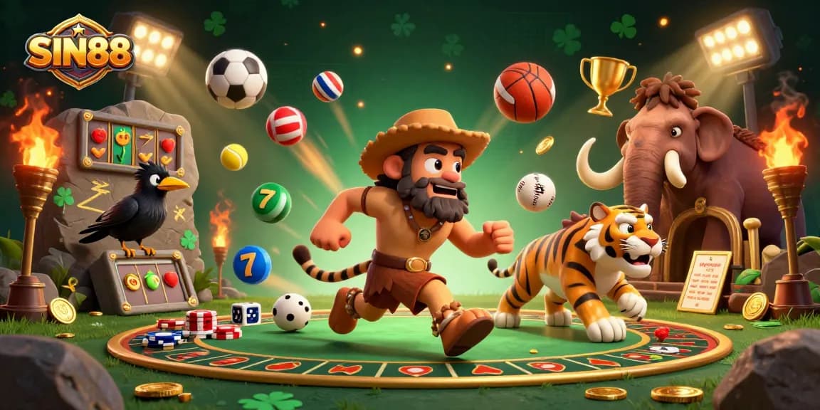 SIN88 brings excitement with cartoon caveman and sabertooth tiger managing a lively casino with sports elements.