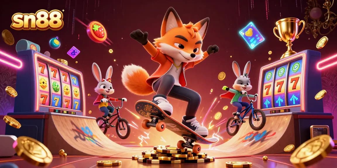 Engage in thrilling action with sn88 as a skateboarder fox performs tricks over golden poker chips in a vibrant casino scene.