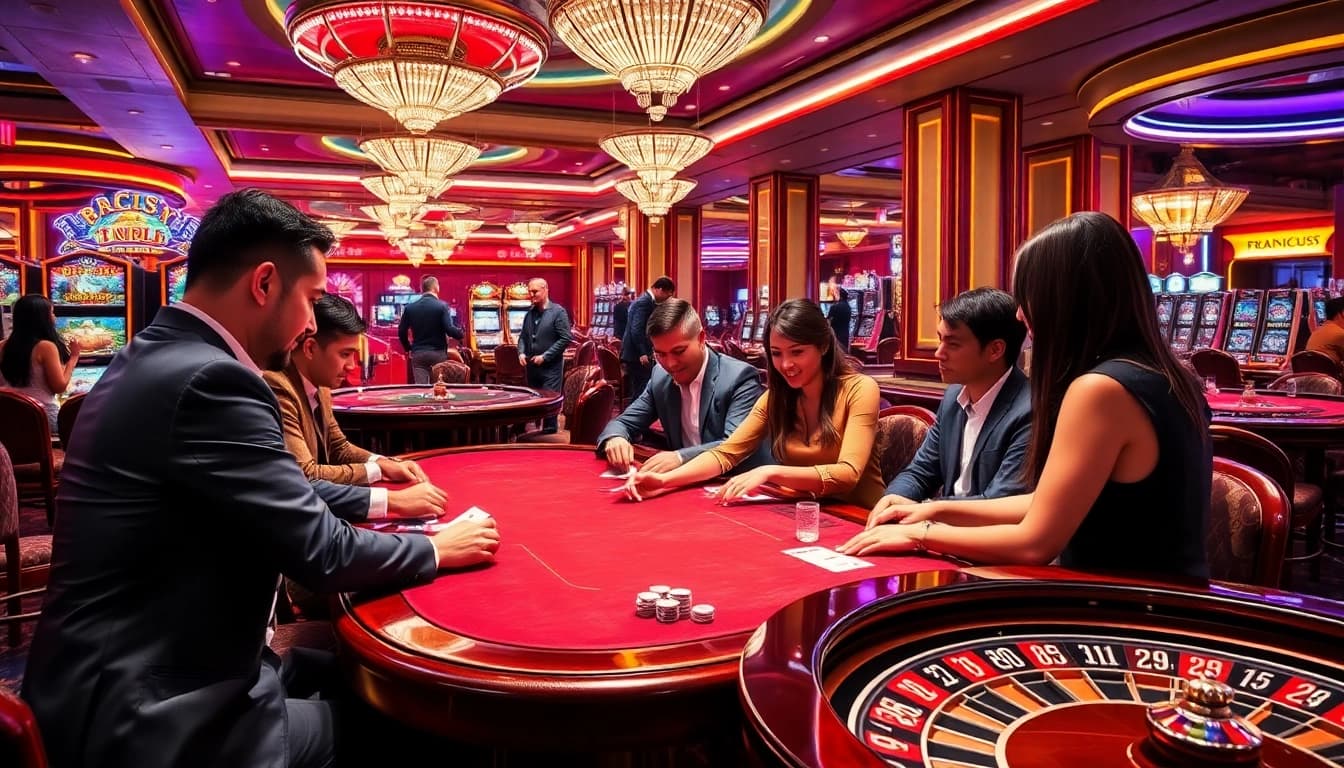Players enjoying poker and roulette at a luxurious casino showcasing 123win's vibrant atmosphere.
