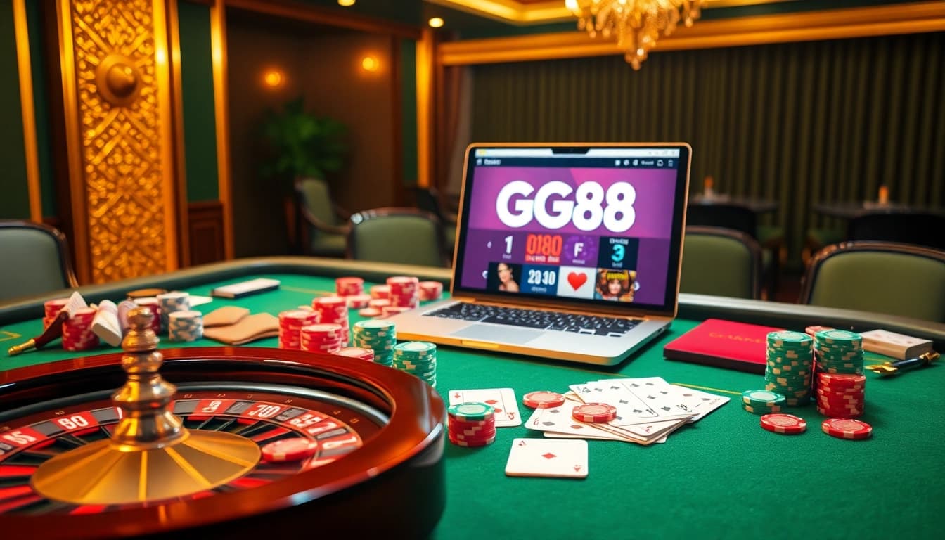 Action-packed gaming scene featuring the trang chủ gg88 platform with poker chips, cards, and a roulette wheel.