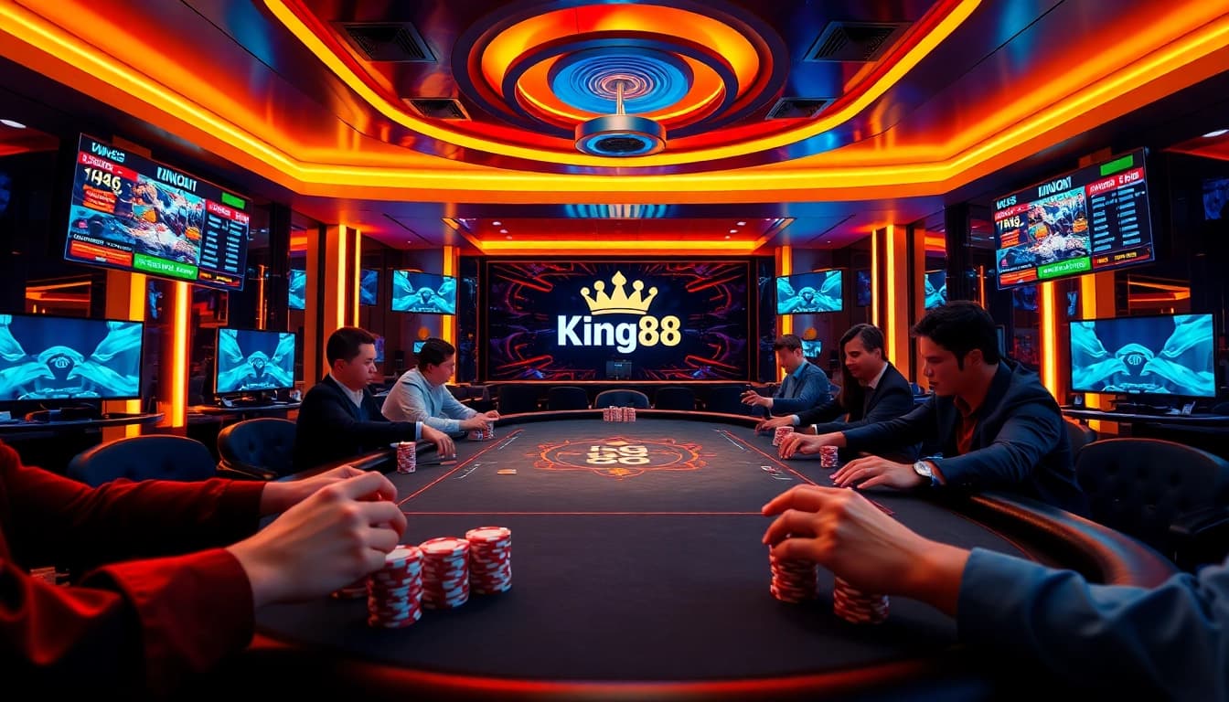 King88 players enjoying a high-stakes poker game at a luxurious online casino.