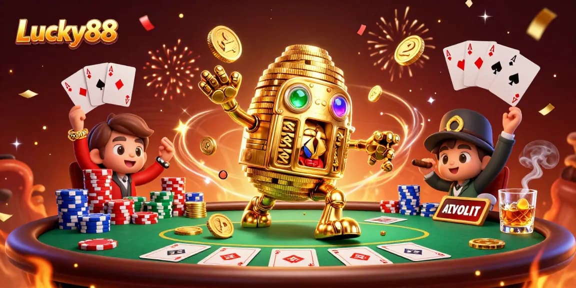 Engage with Lucky88's vibrant casino scene featuring a golden golem surrounded by poker elements.