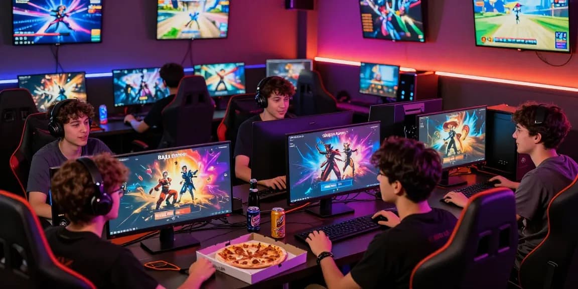Excited gamers using Raja Game login on colorful screens in a lively gaming lounge.