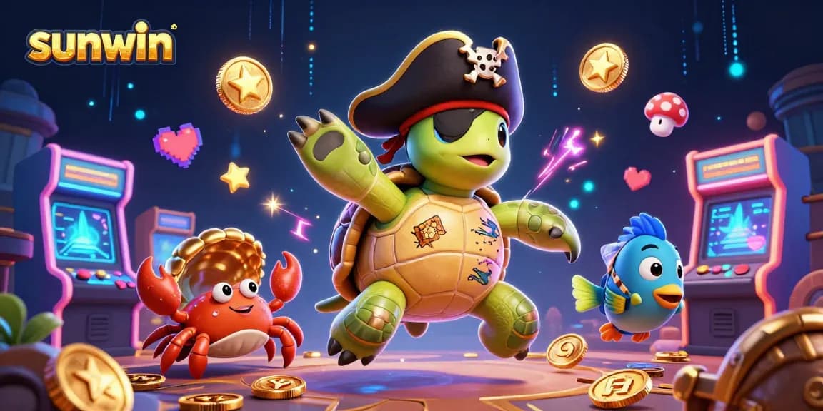 Win big at sunwin with a vibrant 3D pirate scene featuring a turtle, crab, and parrotfish.