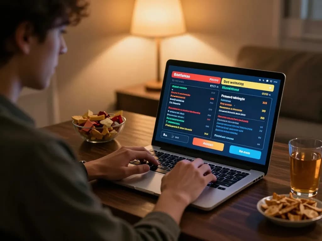 Engaging in gtatoto online betting on a laptop in a cozy home setting with snacks.