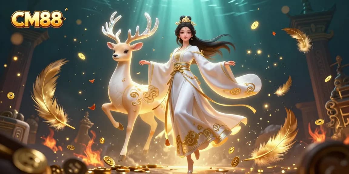 Engage in exciting gambling adventures at CM88 with a dynamic scene featuring an enchanting character and captivating visuals.