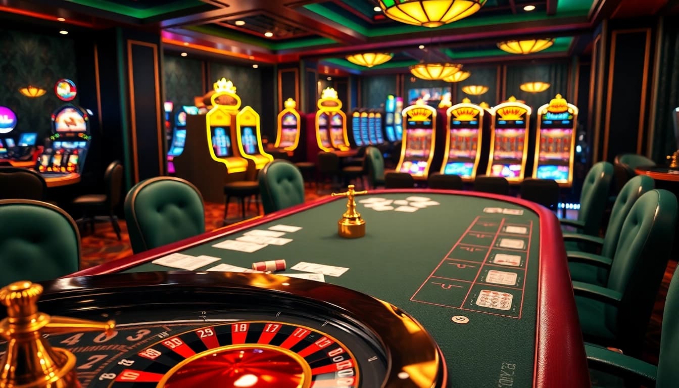 Experience the excitement of gameplay at https://luckywin.hu.net/ with our luxurious casino scene featuring poker tables and slot machines.