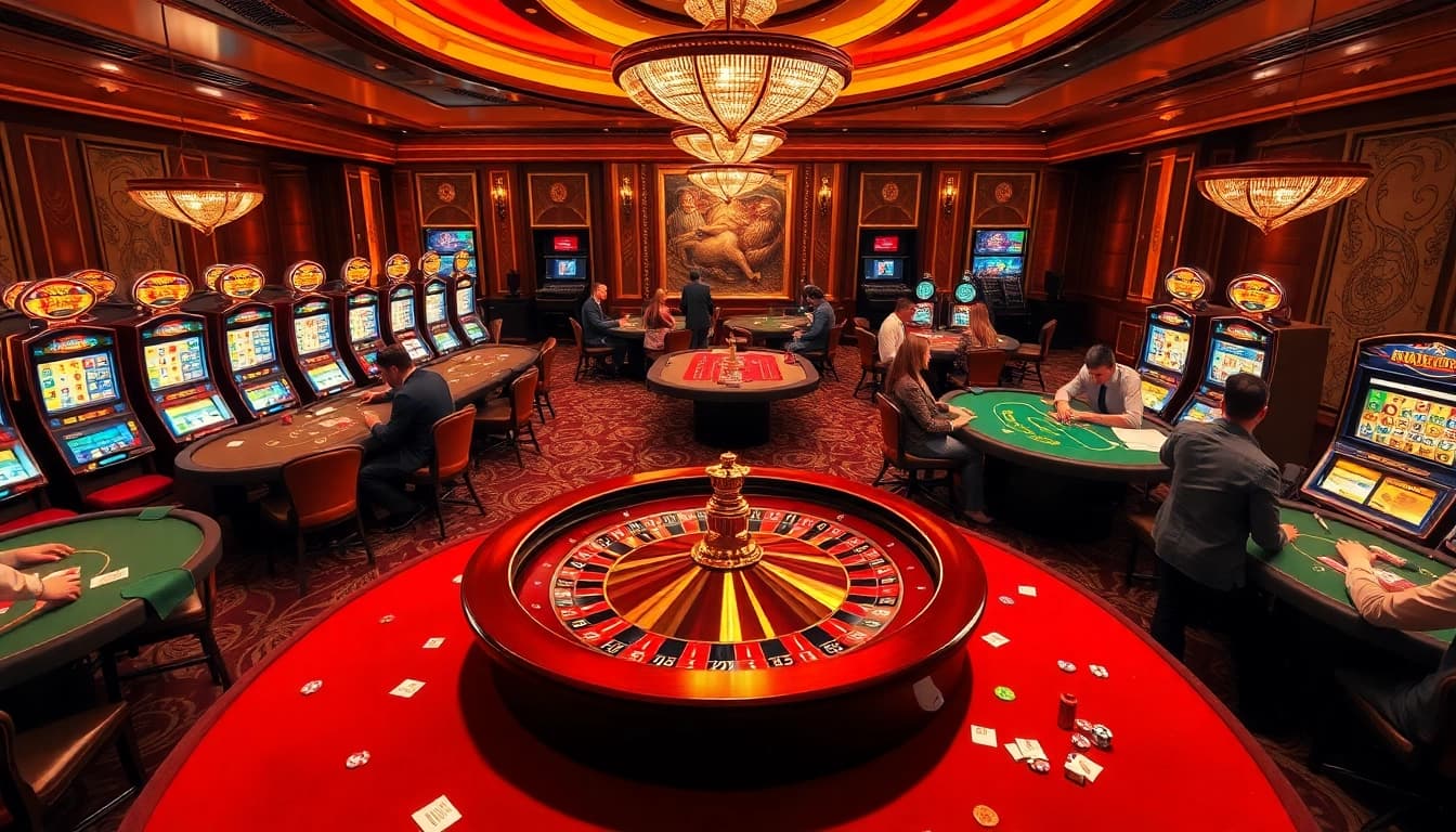 Engaged players enjoying games at MB66 casino with roulette wheel and poker tables.