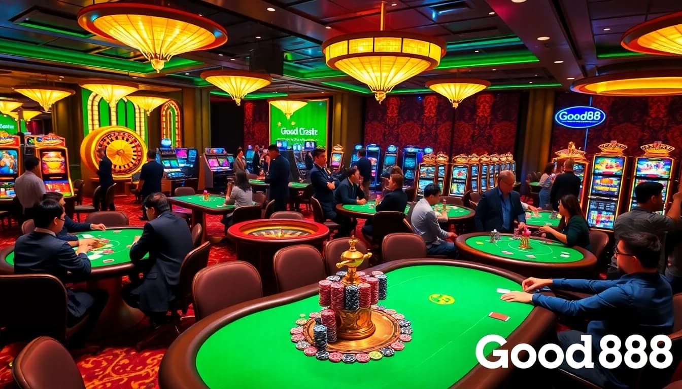 Exciting casino gaming environment featuring players at tables and slot machines, highlighting https://good88k.co/