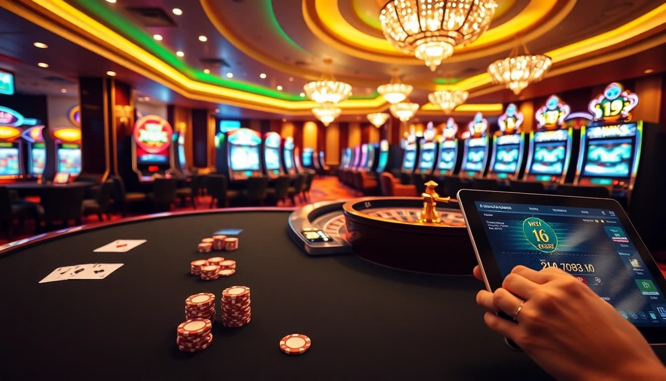 Exciting gameplay at https://bem88v.com/ with vibrant casino table action and high-tech gaming interfaces.