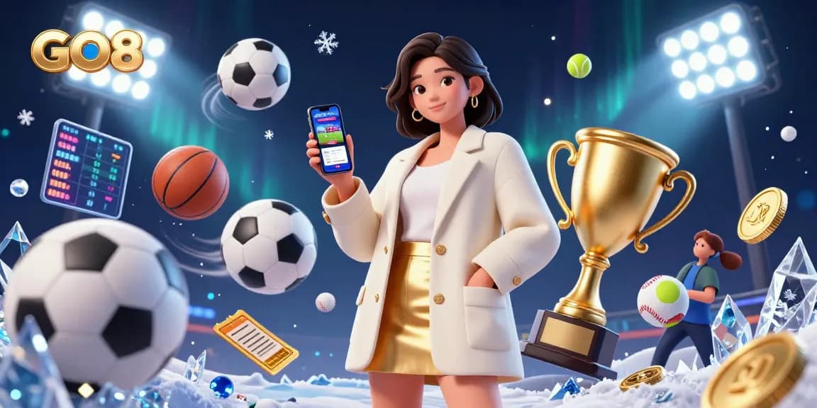 Engage with GO8 online sports betting, featuring a beautiful woman holding a smartphone app amidst dynamic sports elements.