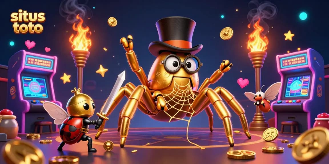 Situs toto offers thrilling gaming experiences featuring a giant tarantula in a casino-themed illustration.