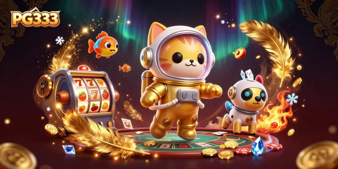 Engage with PG333 as a floating space cat explores a dynamic casino scene with vibrant slot machines.