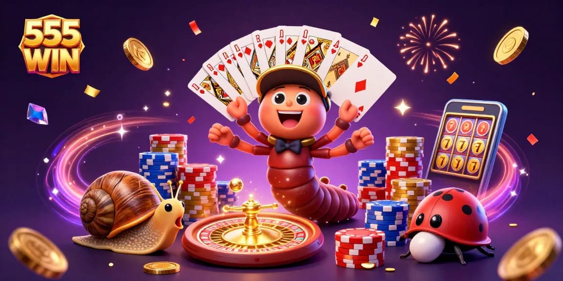 Join the excitement at 555 WIN with a 3D illustration showcasing a lively casino scene filled with cards and chips.