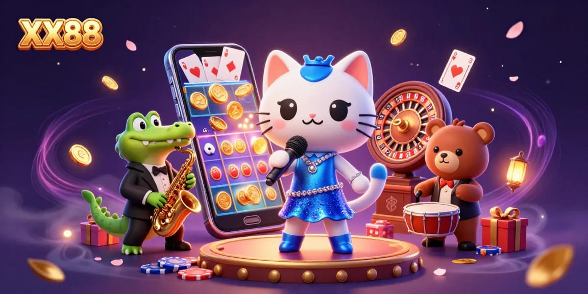 Experience thrilling gameplay at XX88 with a vibrant 3D casino illustration featuring fun characters and slot elements.