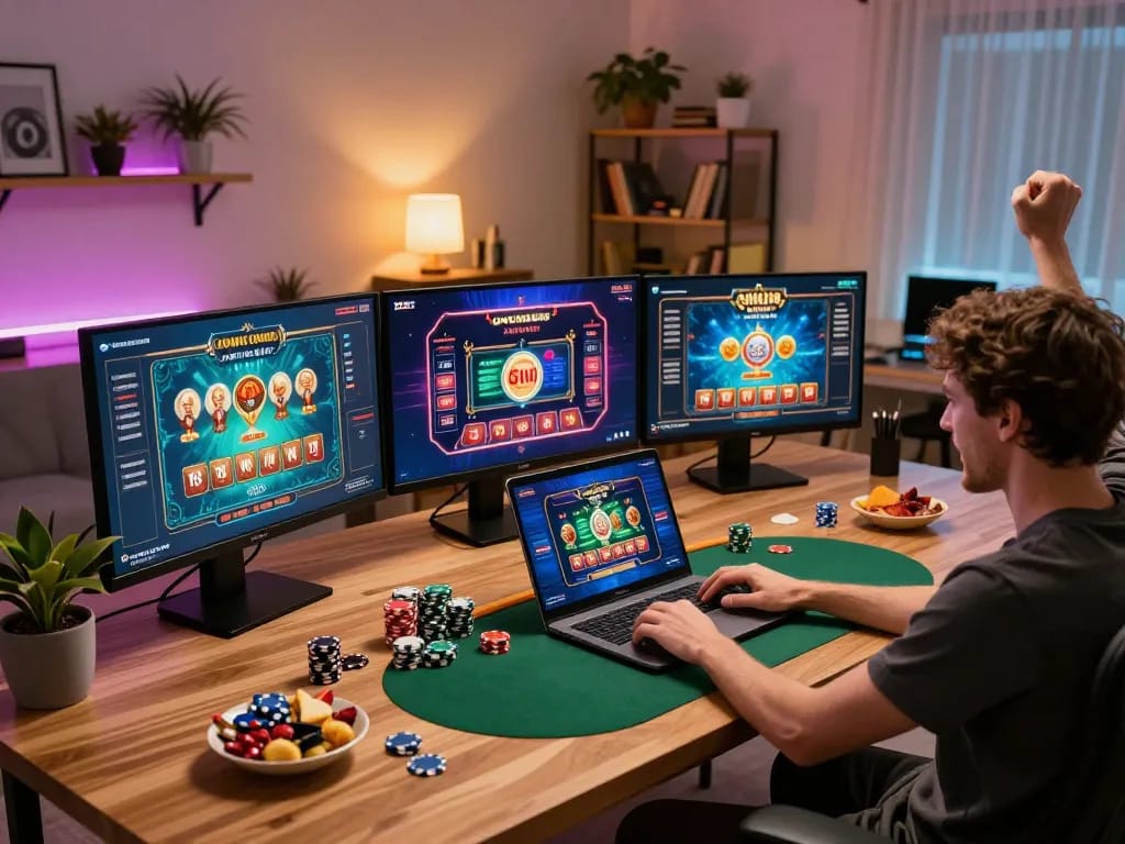 Engaging online gaming experience at Jogoluck with vibrant home setup and exciting gameplay