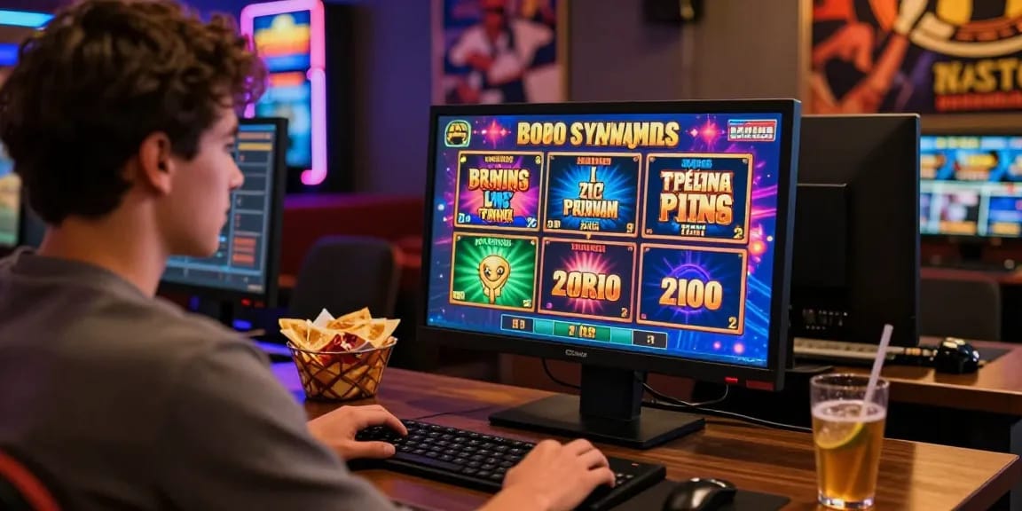 Player enjoying bonus buy slots at a vibrant online casino setup with colorful graphics and cozy atmosphere.