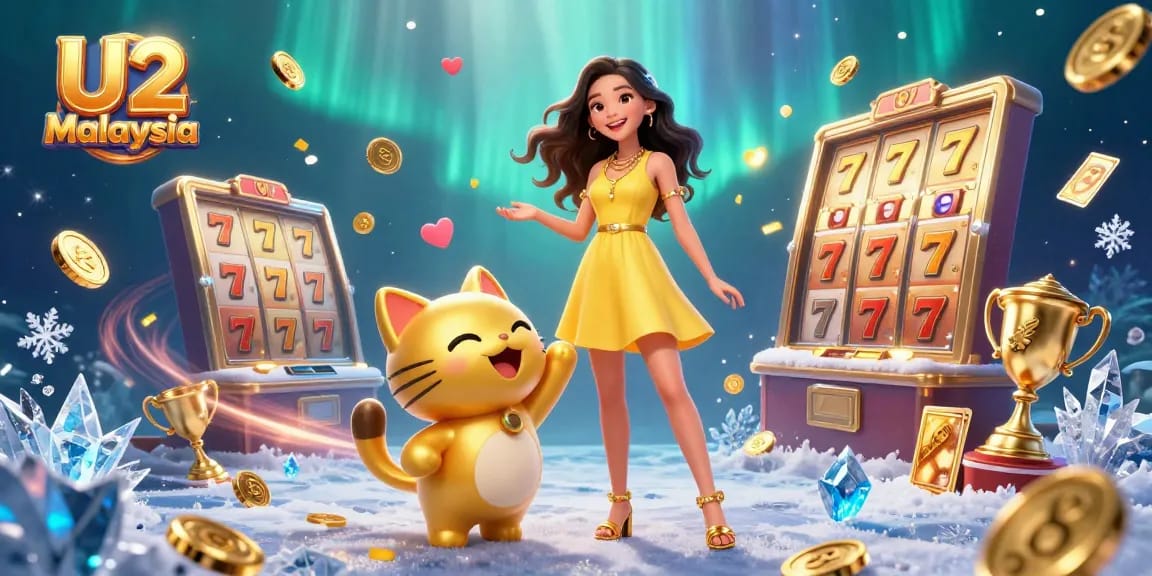 Engage with U2 Malaysia's vibrant casino experience featuring golden lucky cat, lively slot games, and dynamic interactions.