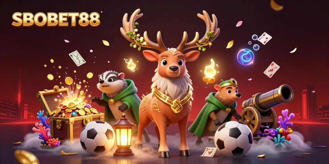 SBOBET88 offers dynamic sports betting action with vibrant characters and elements in a rich casino scene.