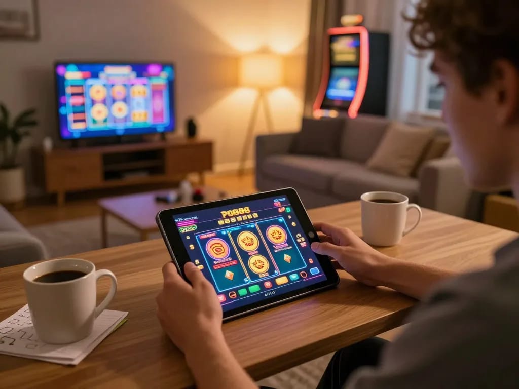 PUB88 gaming experience captured as a player enjoys online casino games on a tablet at home in a cozy living room