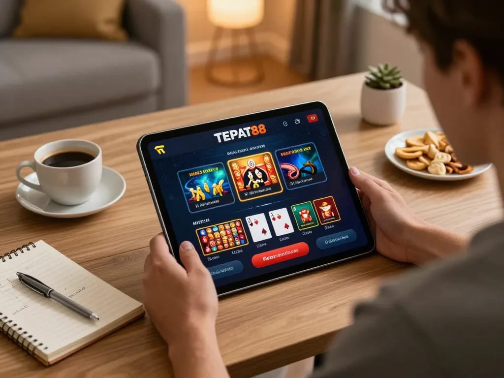 Permainan menarik di aplikasi kasino TEPAT88 yang menunjukkan keseruan poker online.