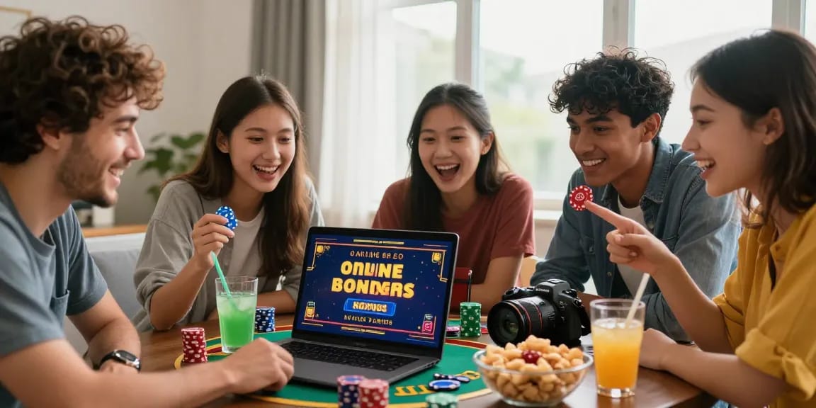 Engaging group enjoying new online casinos UK with laptop bonuses and decorations.