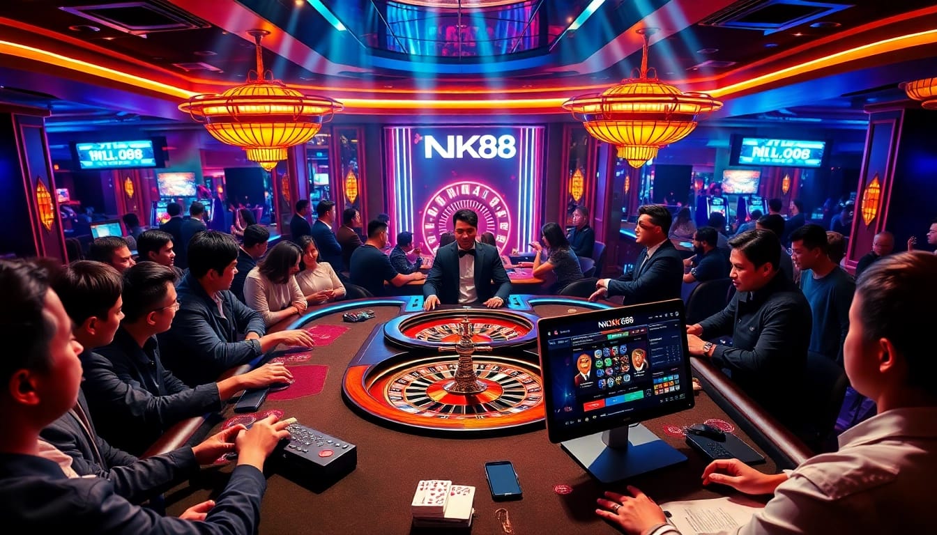 A vibrant casino scene with players enjoying blackjack and roulette, featuring the NK88 interface for online gaming.