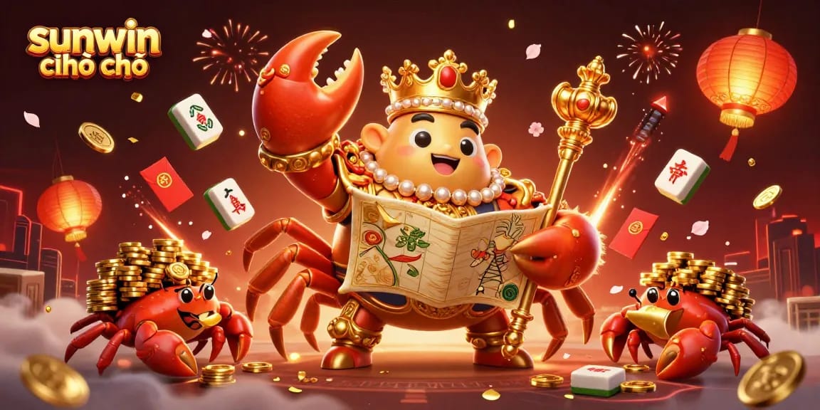 Experience excitement with sunwin chính chủ at this vibrant 3D casino illustration showing a golden crab emperor and lucky treasures.