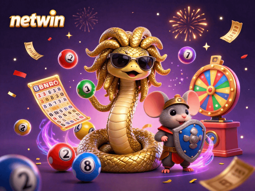 Experience the excitement of netwin with Medusa and a warrior mouse in a colorful casino scene.