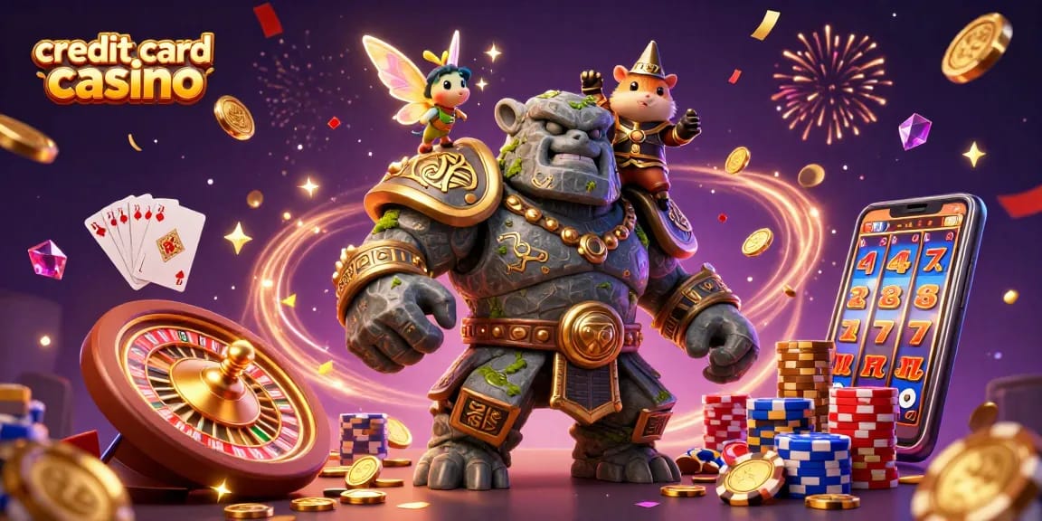 Experience the excitement of a credit card casino with vibrant characters and sparkling game elements.