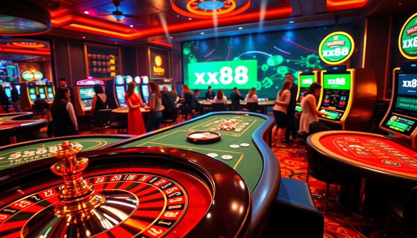 Players enjoying games at a vibrant casino featuring the exciting xx88 brand, with roulette and poker tables.