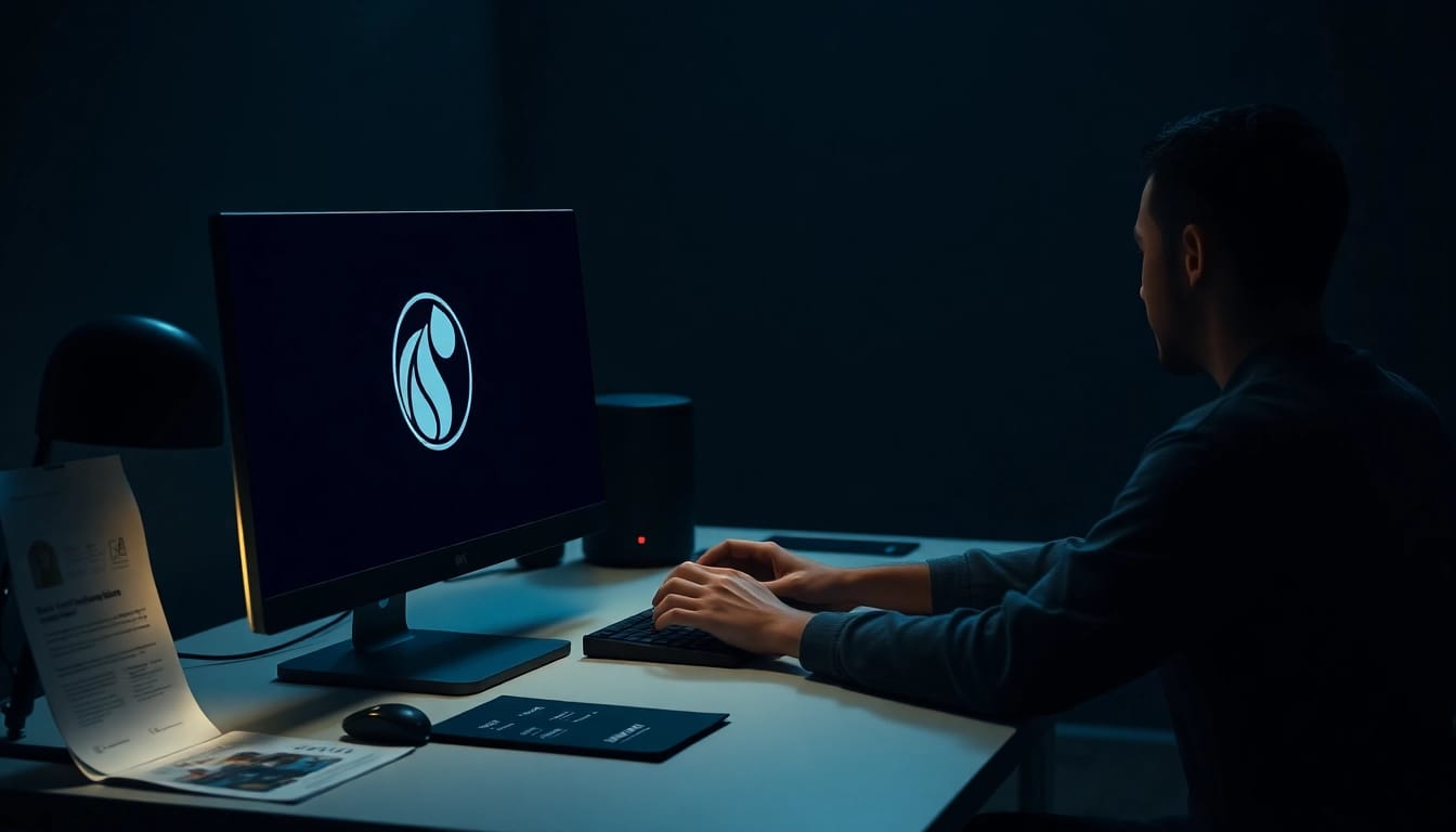 The hidden wiki user navigating the dark web on a computer, showcasing a mysterious workspace.