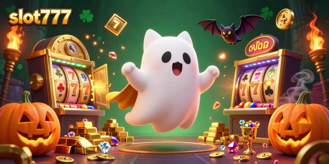 Experience the thrill of slot777 with a cartoon ghost cat in a haunted casino filled with gold and jewels.