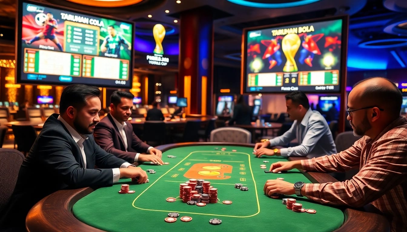 Experience the thrill of Taruhan Bola at a vibrant casino table with live score displays.