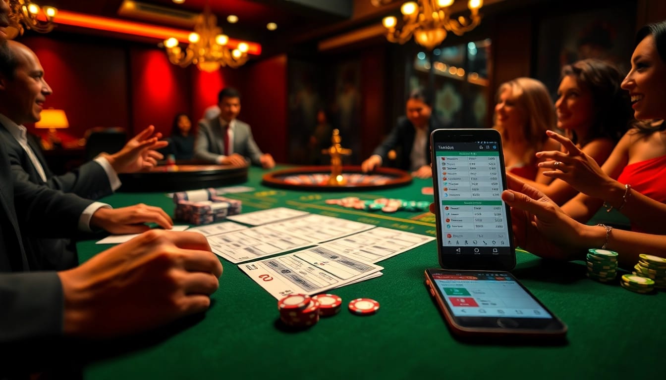 Engaging Taruhan Bola scene with a betting table, excited players, and colorful chips.
