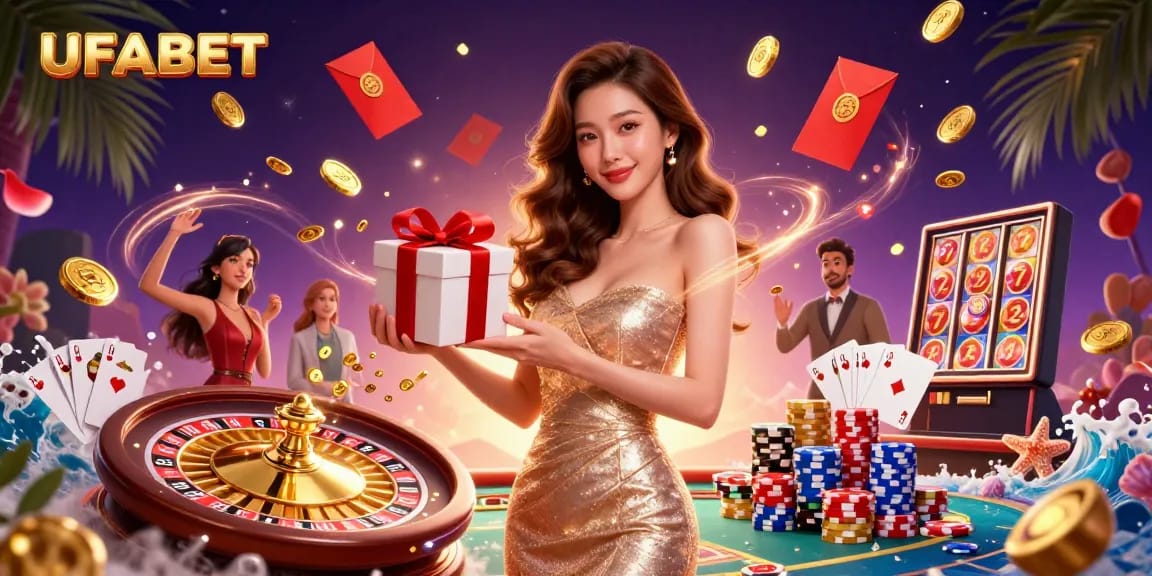 Win with UFABET in this festive Lunar New Year casino scene featuring glamorous characters.